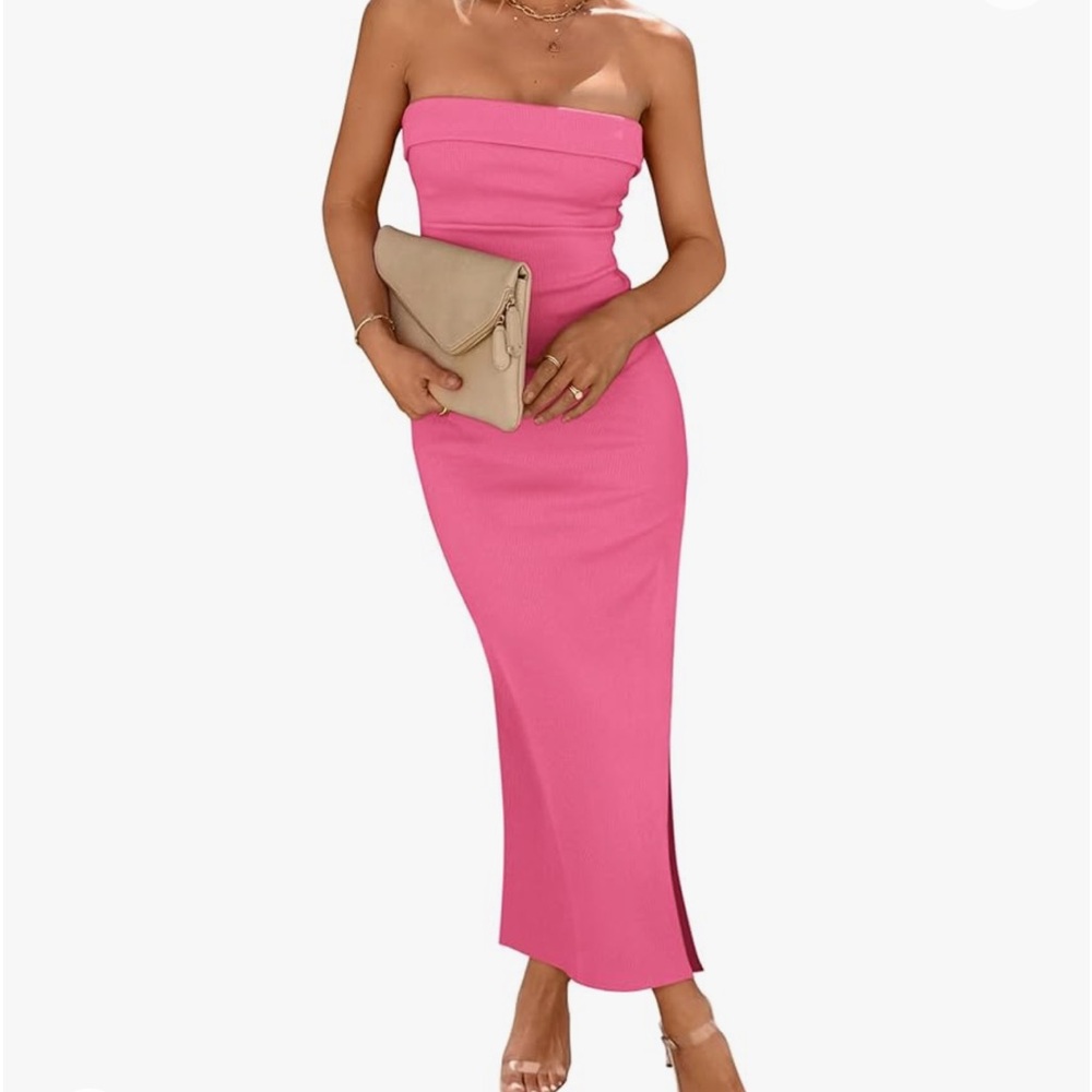 PRETTYGARDEN Womens Summer Bodycon Maxi Tube Dress Ribbed Strapless Side Slit
